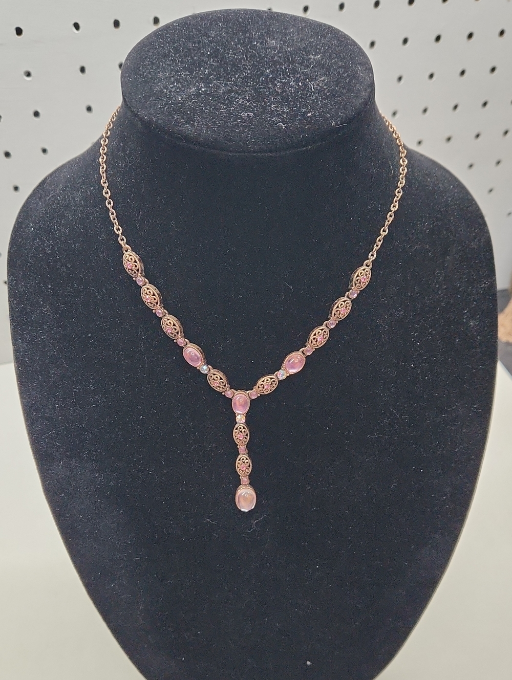 Avon Rose Gold-Tone Filigree Y-Necklace with Pink Cabochons